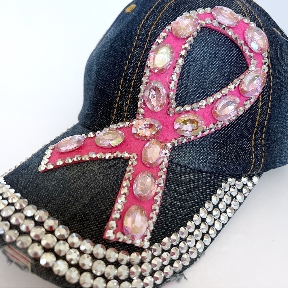 BREAST Cancer Awareness Bling Rhinestone Pink Ribbon Baseball Cap - Picture 2 of 9